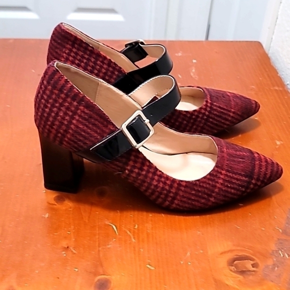 ALLEGRA K WOMEN'S BLOCK HEELS WONDERFUL HOLIDAY PLAID MARY JANE SHOES SZ 8 - Picture 4 of 9